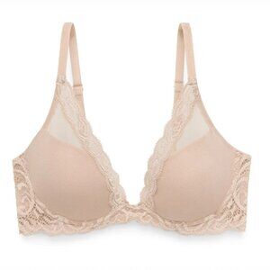 Natori size 32G Feathers Contour Plunge t-shirt Bra Tan Lace Trims size 32G